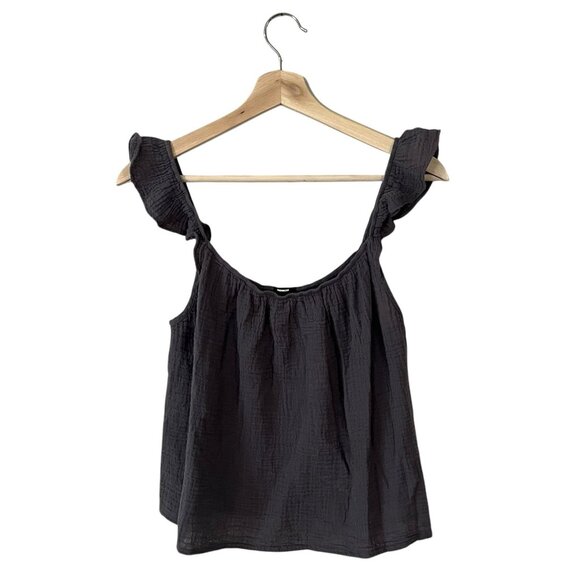 MONROW Ruffle Tank Top Sizes Small Medium Puckered Crinkle Gauze Charcoal HT1041 - Picture 2 of 9
